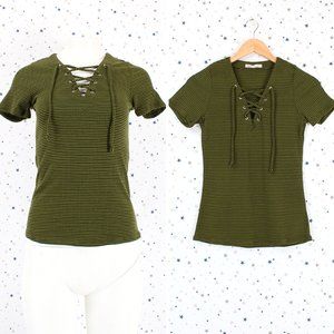 Striped Lace Up Ribbed Knit Top Olive Green Black